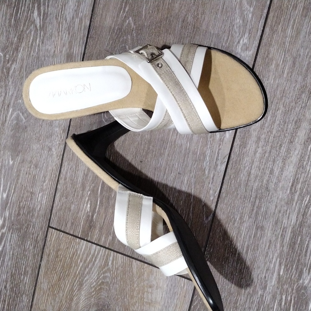 Markon white leather and tan fabric mules. Size 7. NWOT